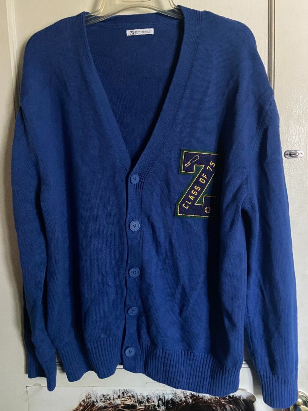 Zara Men’s Varsity Cardigan Blue Unisex 100% Cotton Oversized Retro XL